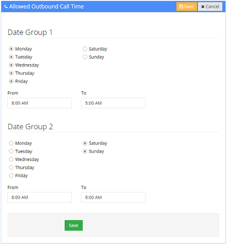 Auto dialer features include setting allowed call times Set the allowed call time for automated outbound calls
