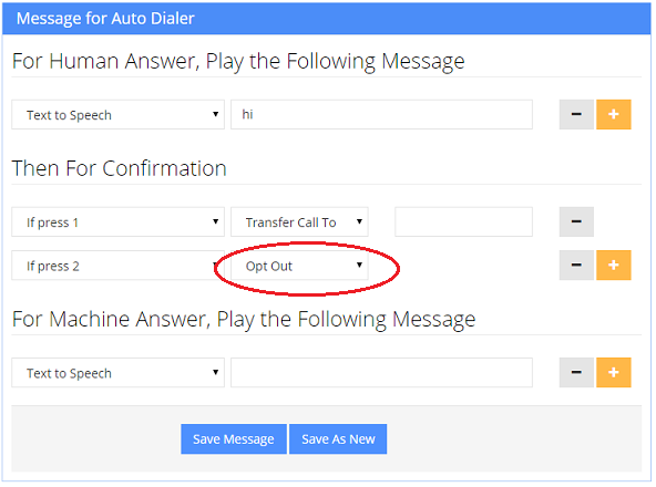 Voicent Auto dialer automatically manages opt in opt out Automatic opt out out in management in auto dialer software